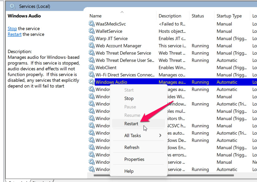 Modify the Audio-Related Service Settings - Audio Services Not Responding on Windows