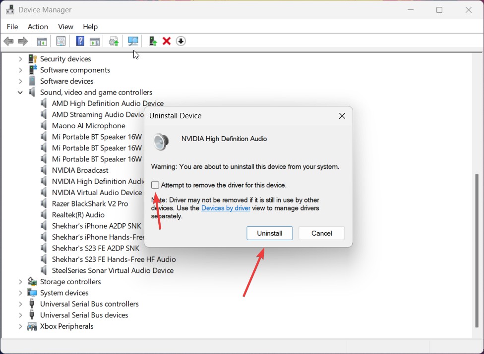 Uninstall Audio Device Driver - Audio Services Not Responding on Windows