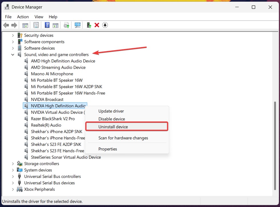 Uninstall Audio Device Driver - Audio Services Not Responding on Windows