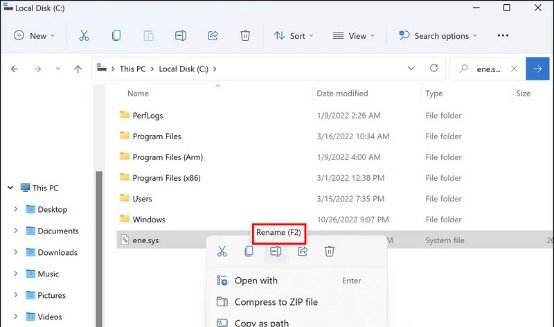 Rename the ene.sys File - ene.sys Driver Cannot Load