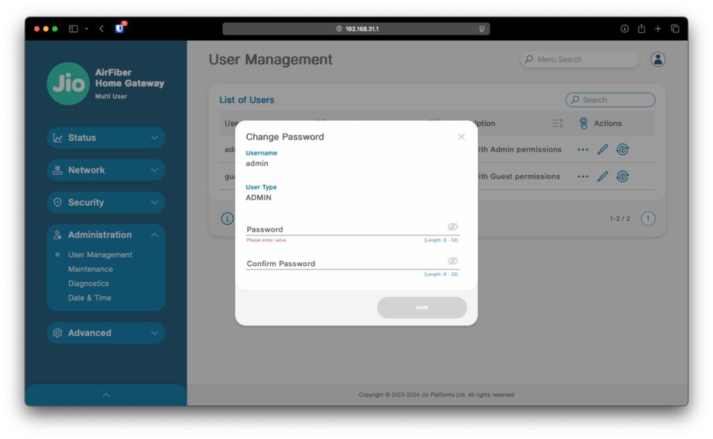 Changing Jio Router Password - Jio Router Login