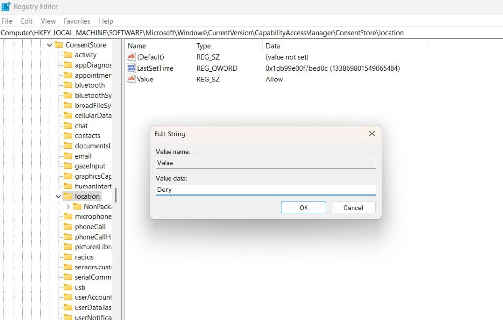 Disable System-Wide Location via Registry Editor (Advanced Users) - Your Location is Currently in Use
