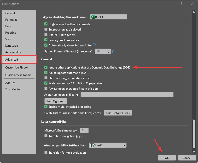Turn On Dynamic Data Exchange (DDE)