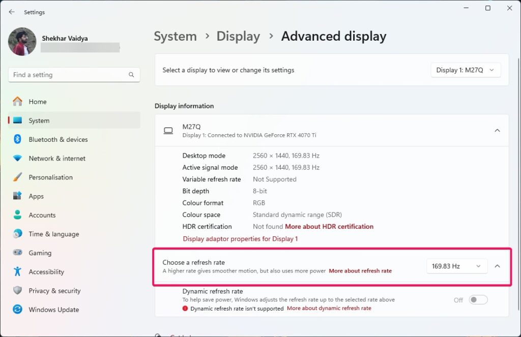 Change Display Refresh rate Windows - Optimize Windows 11 for Gaming