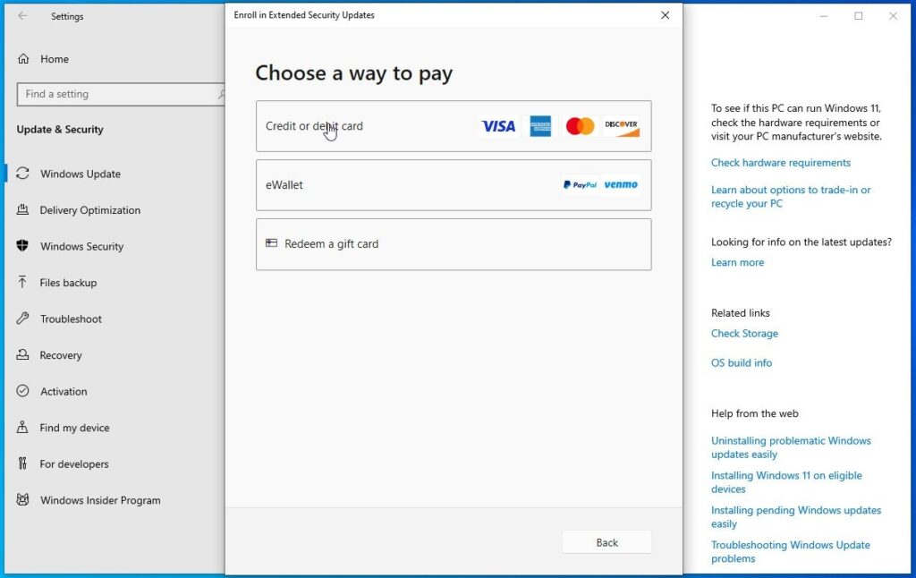 Extended Security Updates Payment Method - 12
