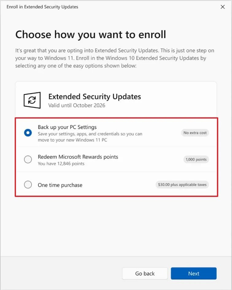 Extended Security Updates Options - 10
