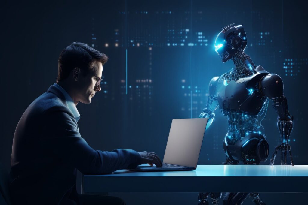 A developer working on a laptop with the help of AI