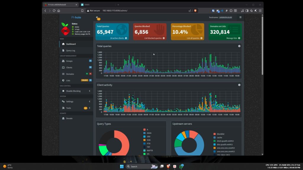 Pi-hole dashboard opened on a Windows browser tab