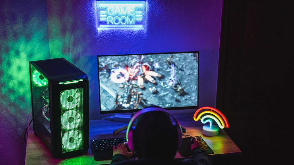 Person playing in dark room with neon lights