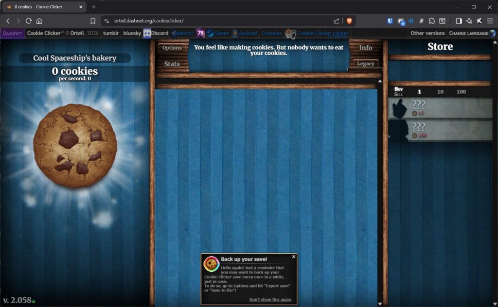 Cookie Clicker opened in browser window
