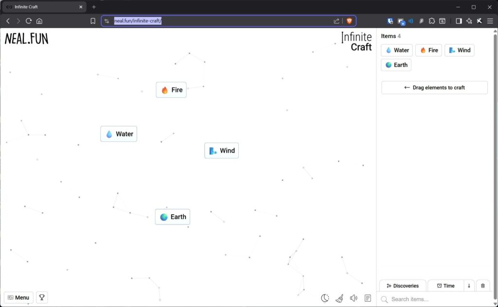 Infinite Craft opened in browser window