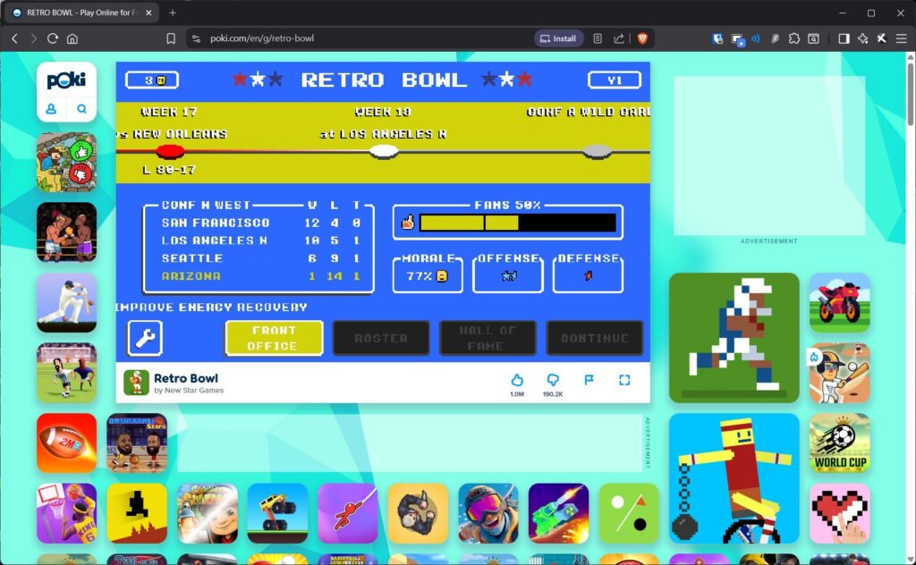 Retro Bowl opened in browser window