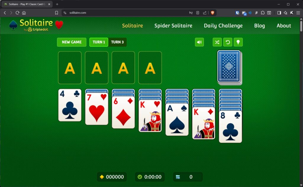 Solitaire opened on browser window