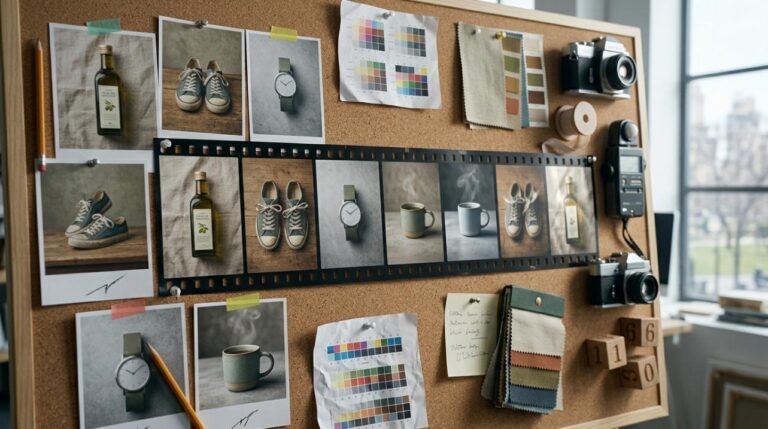 Storyboard showing product photos, color swatches, cameras, and design references pinned to a corkboard for creative planning.