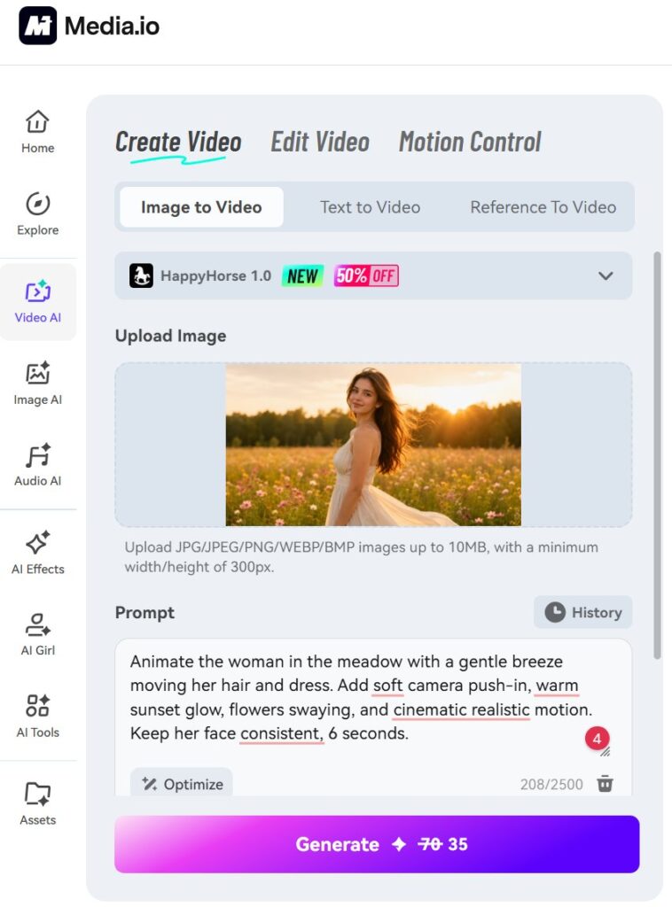 Media.io Image to Video interface with an uploaded photo, animation prompt, and Generate button.