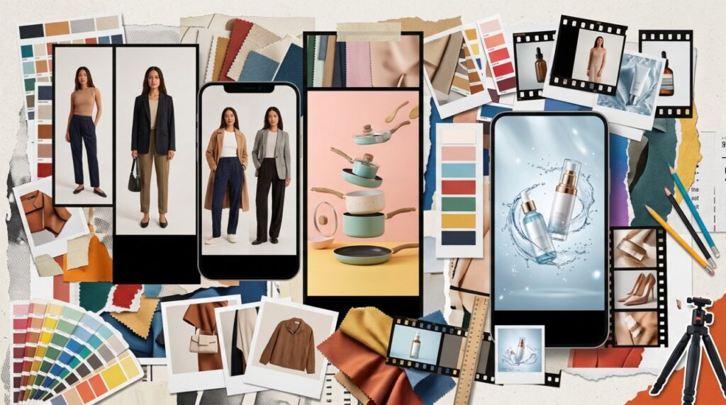Creative collage featuring product mockups, fashion photos, smartphones, film strips, and color palettes for AI content creation.