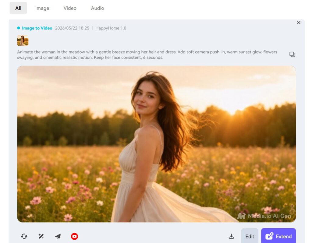 Generated AI video preview in Media.io showing a woman standing in a flower meadow at sunset after image-to-video conversion.