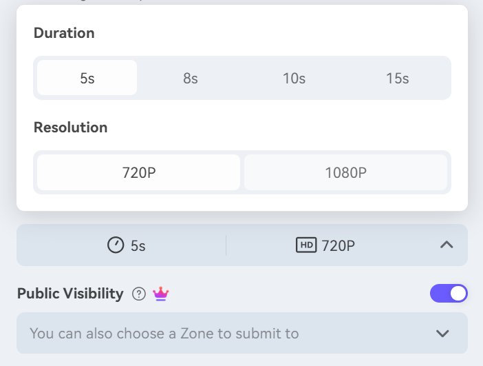 Media.io video generation settings with duration, resolution, and public visibility options before creating an AI video.