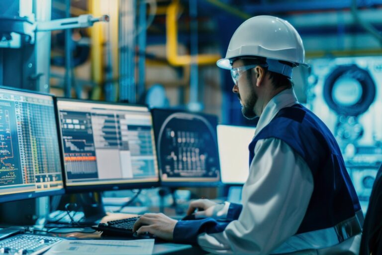 Industrial worker wearing hard hat and safety glasses monitors multiple computer screens displaying data and analytics
