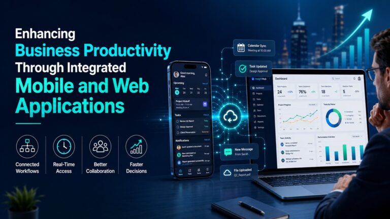 Professional at laptop viewing integrated mobile and web dashboard with real-time analytics, calendar sync, and task