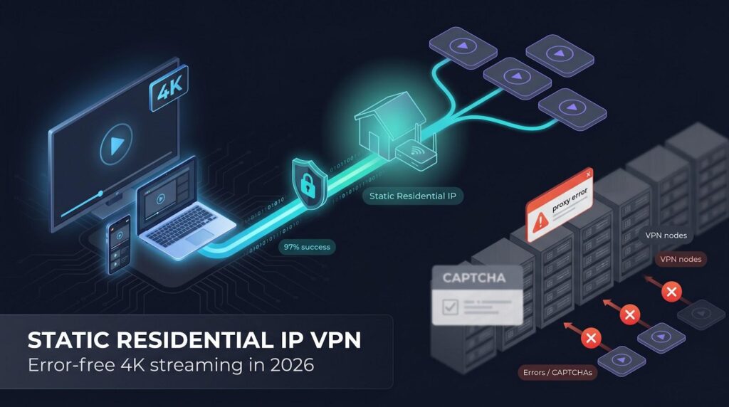 Isometric diagram showing static residential IP VPN connection with 97% success rate for 4K streaming, contrasted with proxy