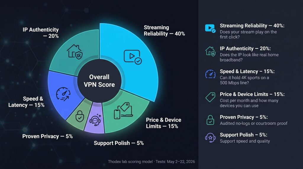 Donut chart showing Overall VPN Score breakdown with streaming reliability at 40%, IP authenticity at 20%, speed and latency