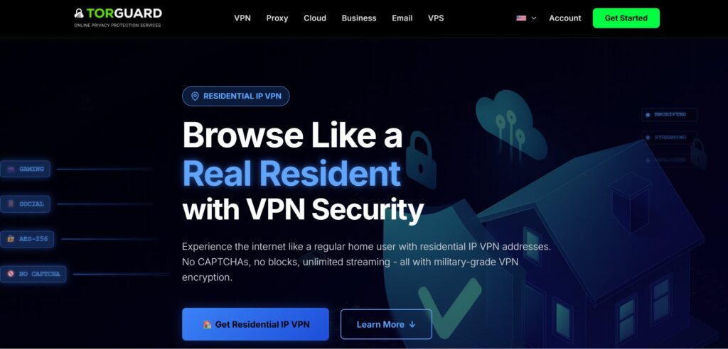 TorGuard's residential IP VPN landing page featuring a dark interface with encryption icons and a padlock symbol.