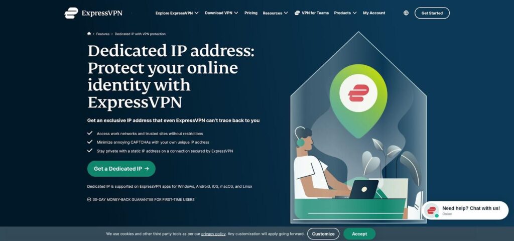ExpressVPN website showing a person at a laptop with a green location pin icon above, illustrating dedicated IP address