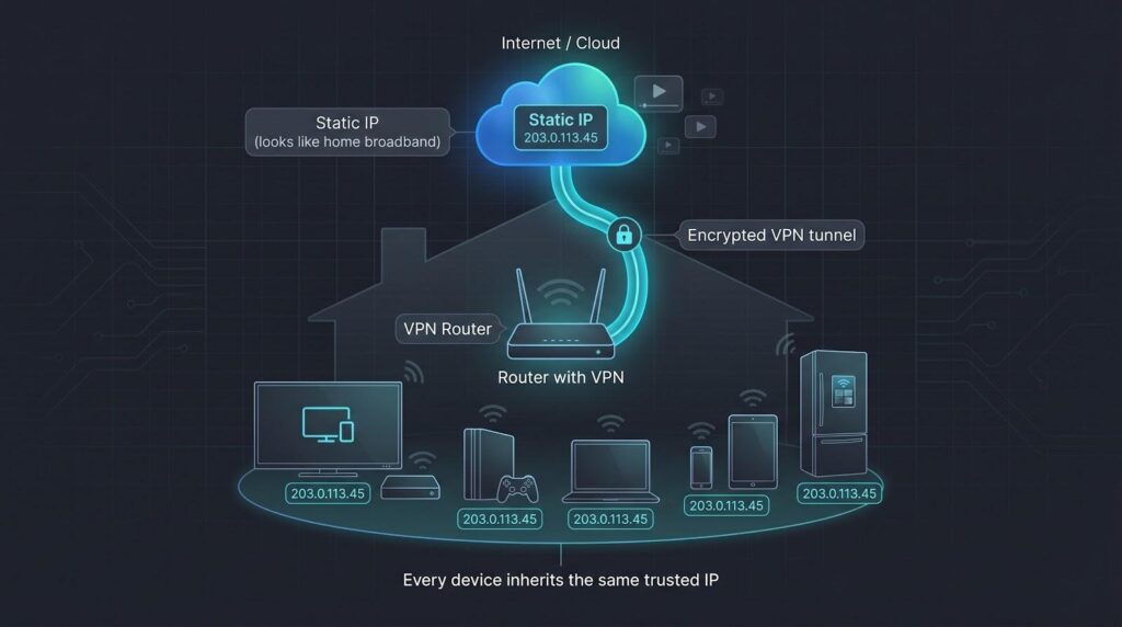 Diagram showing a VPN router setup with multiple devices connected through an encrypted tunnel to a cloud server displaying