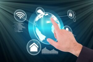 Top 5 Static Residential IP VPNs Ideal for Streaming Services in 2026 Hand touching a glowing globe surrounded by icons representing WiFi, security, smart home, and cloud connectivity.