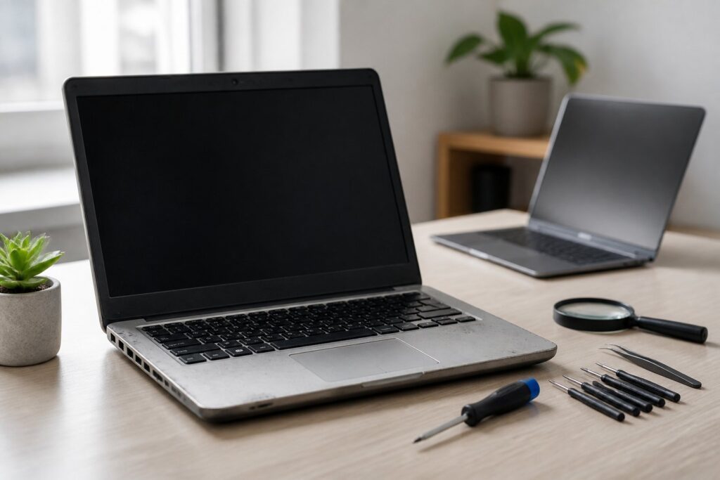 Two laptops sit on a wooden desk beside a small potted succulent, screwdriver, magnifying glass, and other tools in a bright