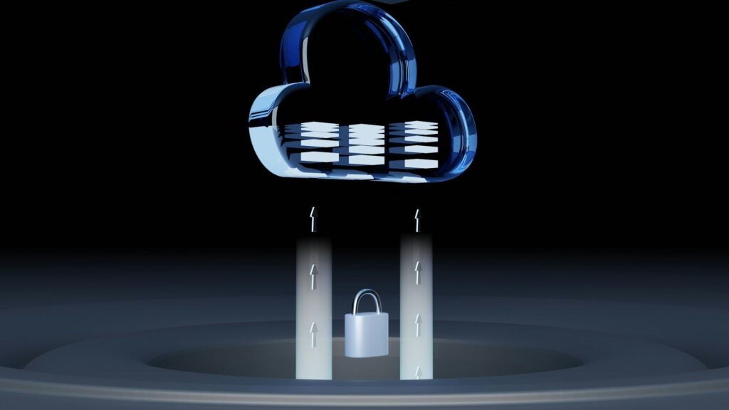 3D illustration of a blue cloud with data storage bars connected to a padlock, symbolizing cloud security and encrypted data