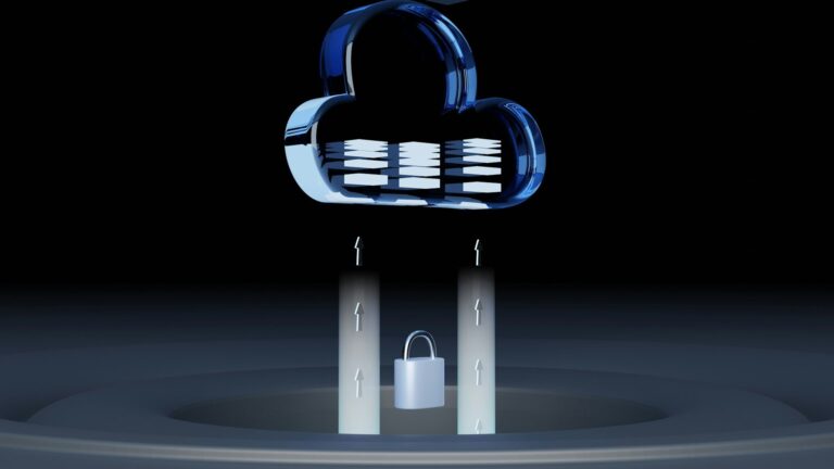 3D illustration of a blue cloud with data storage bars connected to a padlock, symbolizing cloud security and encrypted data