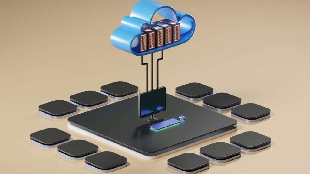 3D illustration of a cloud server architecture with a blue cloud containing server racks connected to a central desktop