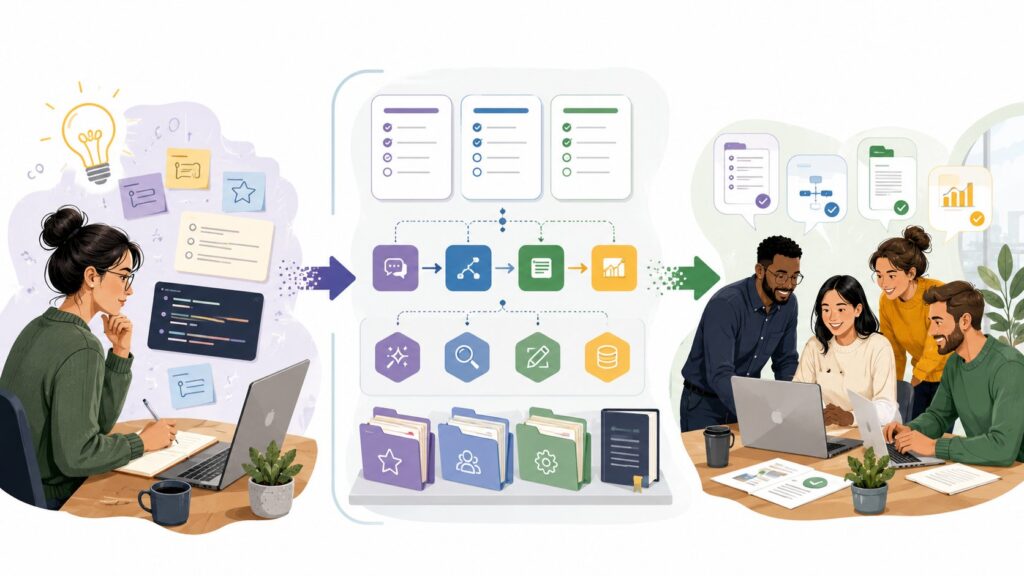 Illustration showing a workflow from individual ideation to team collaboration, with software tools and project management