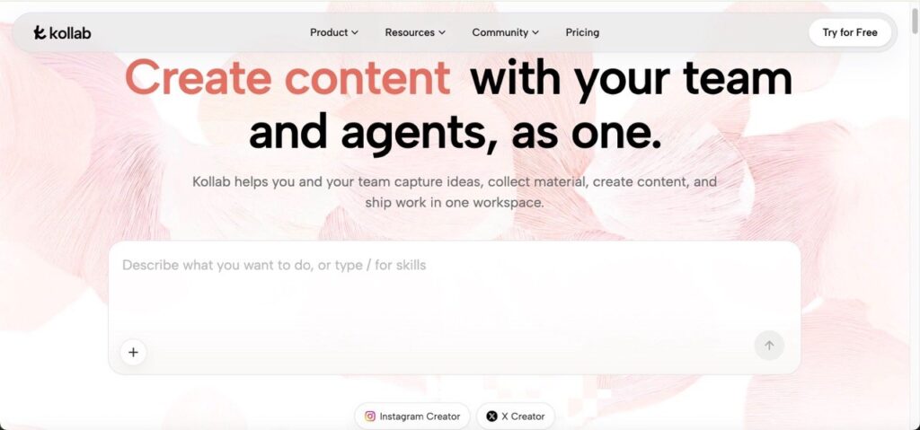 Kollab's homepage featuring a headline about creating content with teams and agents, with a search input field and creator