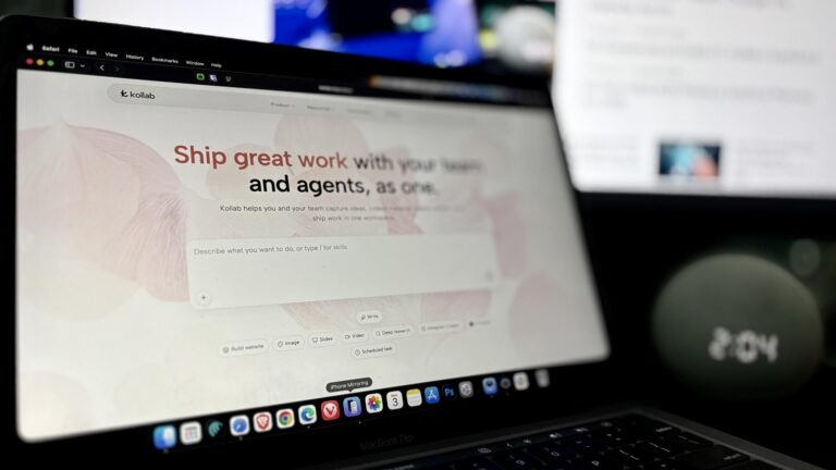 Kollab website homepage displayed on a MacBook Pro screen, showing a task management interface