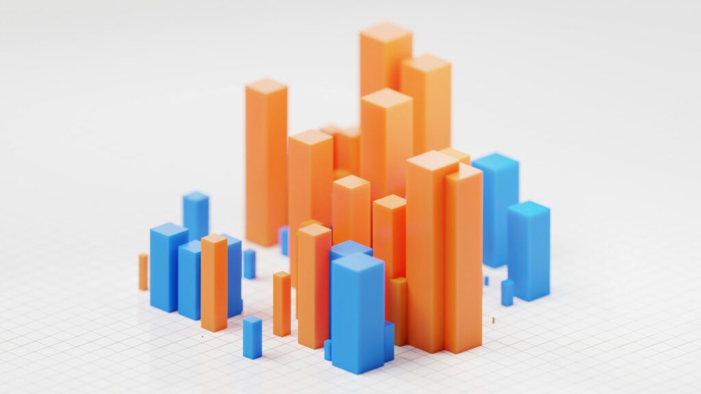 3D isometric bar chart with orange and blue columns of varying heights on a light grid background.