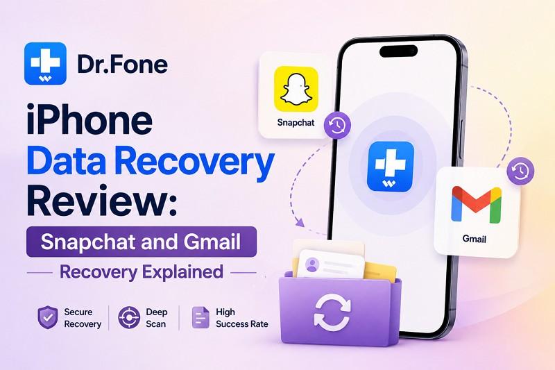 Dr.Fone iPhone Data Recovery interface showing recovery of Snapchat and Gmail data with security and success rate indicators.
