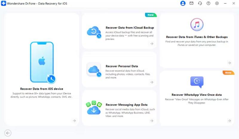 Wondershare Dr.Fone data recovery interface showing an iPhone connected with file type selection options