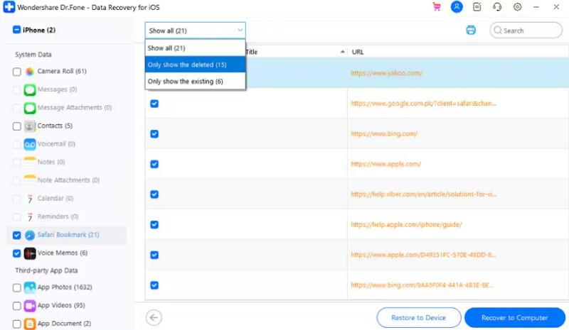 Wondershare Dr.Fone data recovery interface showing iPhone backup contents with filter options for deleted and existing