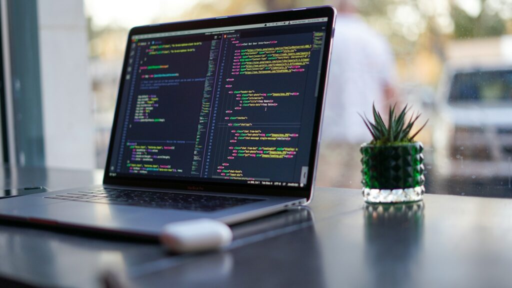 Laptop displaying colorful HTML and CSS code on a dark editor screen, with a small potted cactus beside it on a desk.