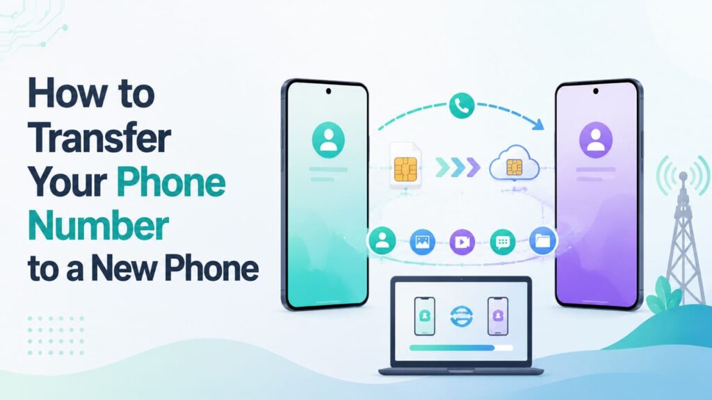 Illustration showing data transfer between two smartphones with cloud storage, apps, and a laptop displaying the process.