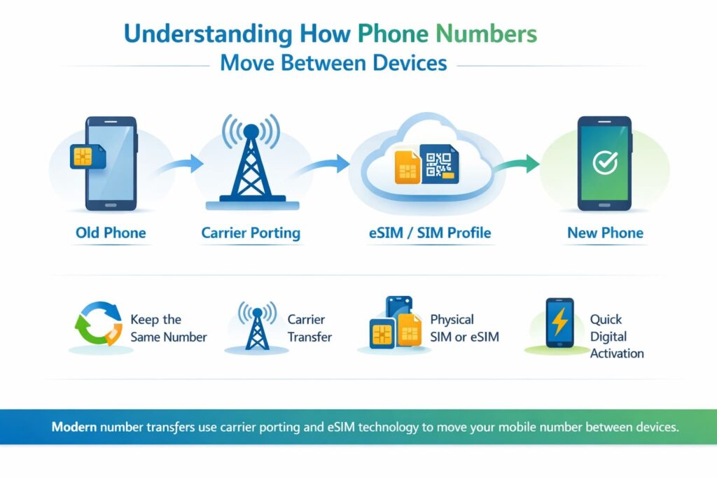 Infographic showing the process of transferring a phone number between devices using carrier porting and eSIM technology.