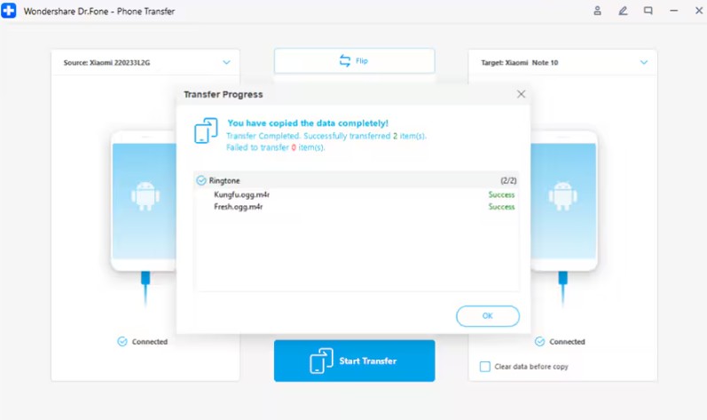 Wondershare Dr.Fone phone transfer interface showing successful data copy completion between two Android devices.