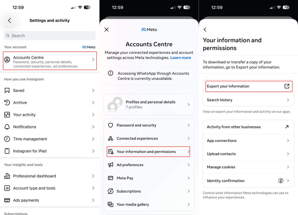 Steps to export Instagram data — Settings and activity, Accounts Centre, and Export your information screens