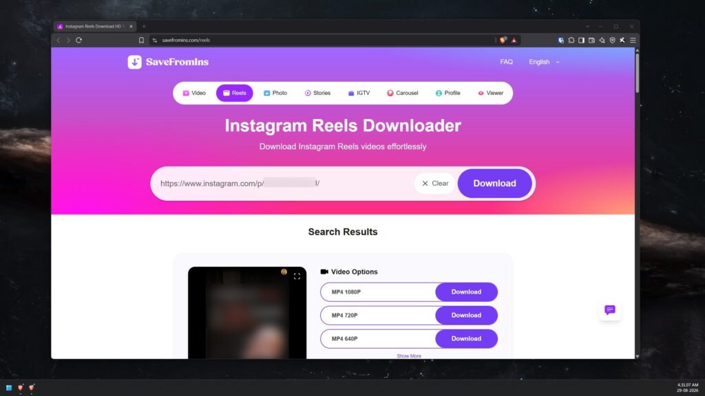 SaveFromIn website showing the Instagram Reels Downloader tool with search results and video download options in different resolutions