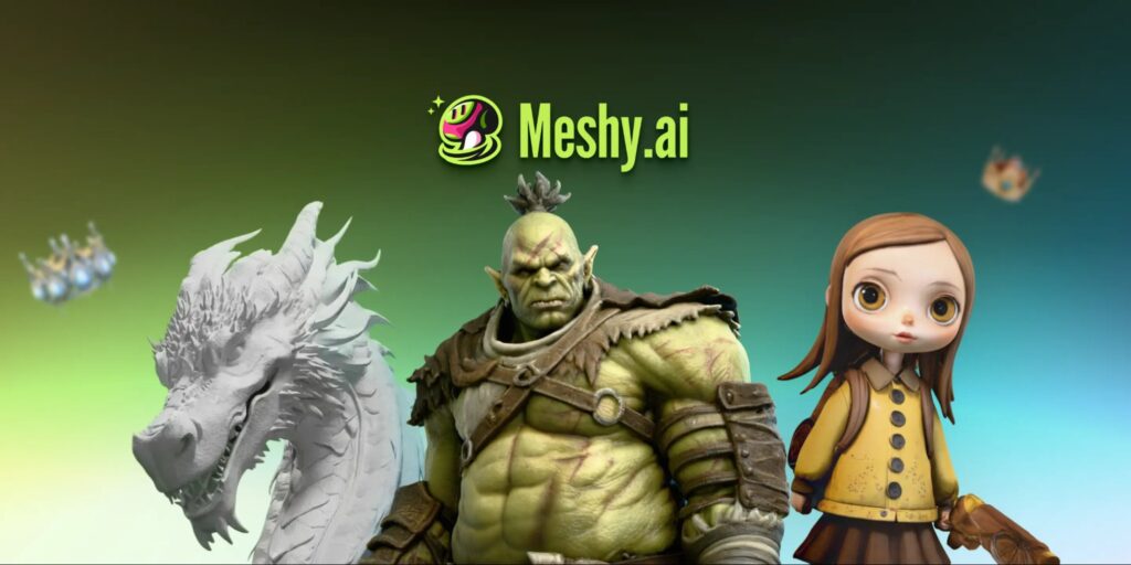 Meshy.ai logo displayed above three 3D rendered characters: a white dragon, a green orc warrior, and a girl in a yellow