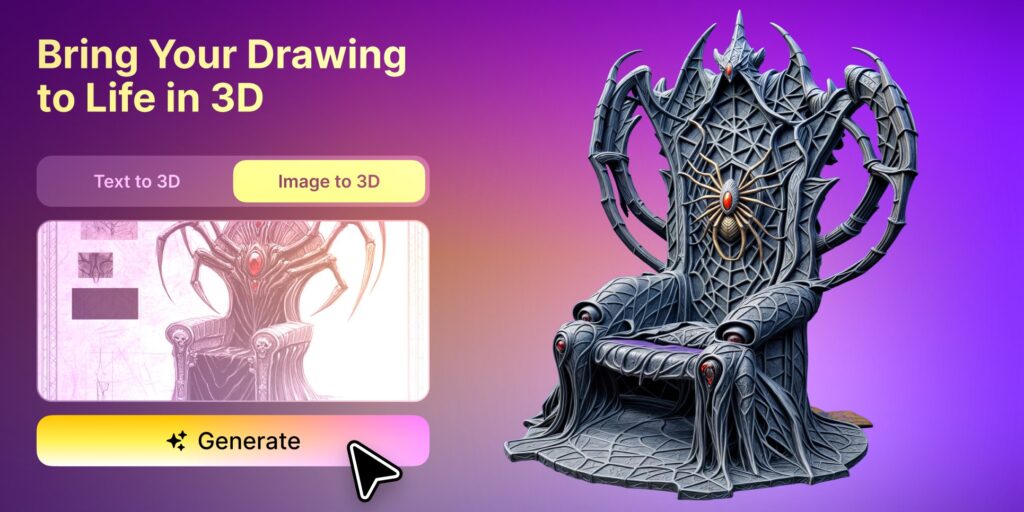 A 3D AI conversion interface showing a sketch-to-model transformation, with a dark biomechanical creature