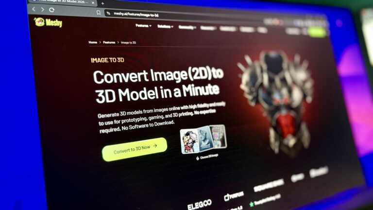 Meshy website displaying Image to 3D conversion tool with headline and 3D model preview on dark background.